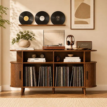 Large Record Player Stand with Storage and Charging Station, 55" Turntable Stand Vinyl Record Player Table Cabinet
