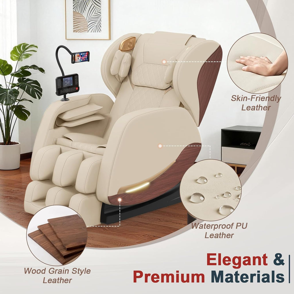 Massage Chair Full Body, 14 Fixed Rollers, Zero Gravity Recliner | Wood Grain Leather, Foot Massage, 5 Auto Modes, 8