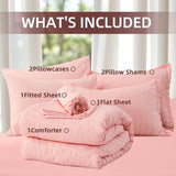 Pink Queen Comforter Set 7 Pieces, Luxury Seersucker Queen Bed Set for All Seasons