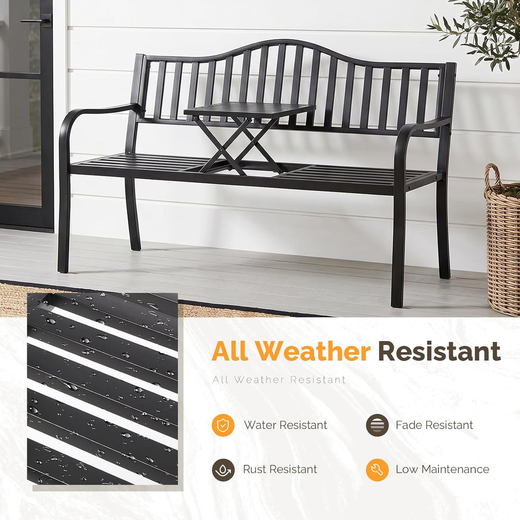 59" Outdoor Metal Bench Patio Bench with Built in Table Park Bench Garden Bench, Outside Benches Weather Proof Front