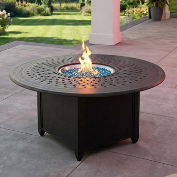 AC Series 60-Inch Round Propane Fire Pit Dining Table - Cast Aluminum Fire Table in Antique Bronze for Outdoor Patios