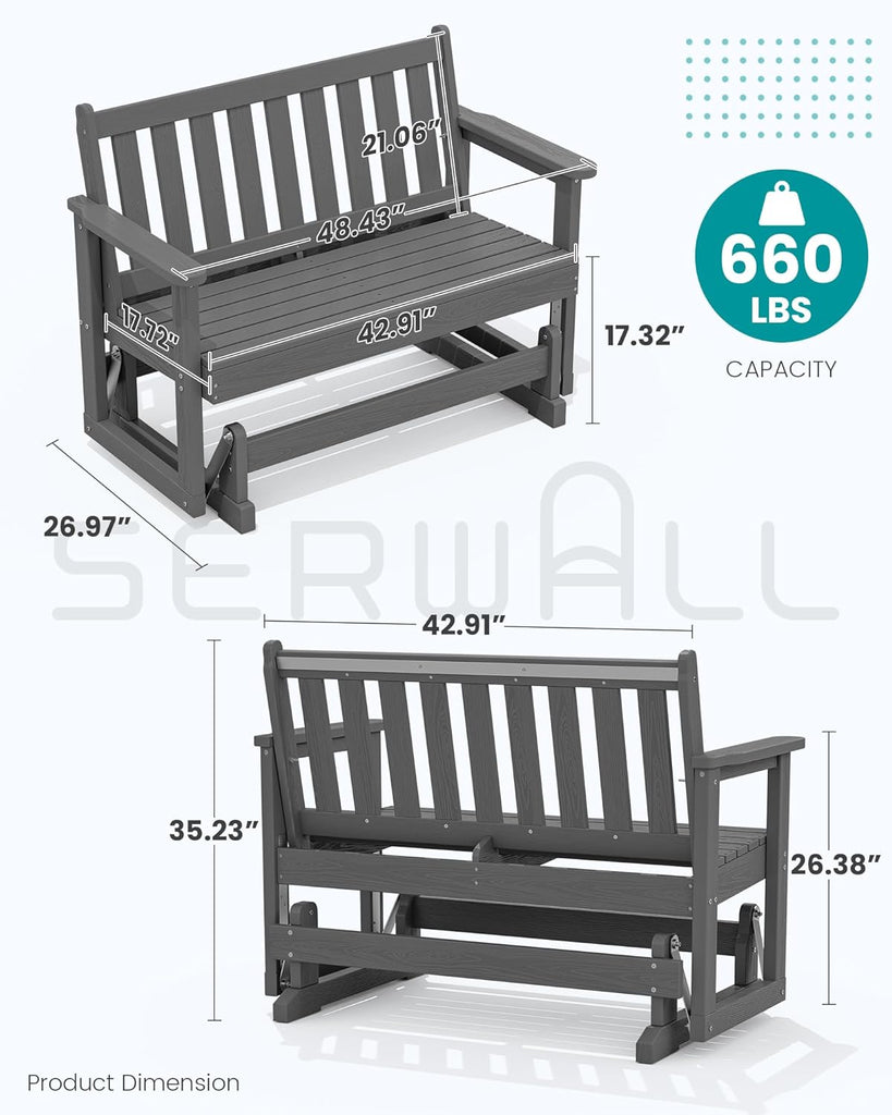 2 Person Patio Glider Bench, HDPE All Weather Swinging Bench, Grey