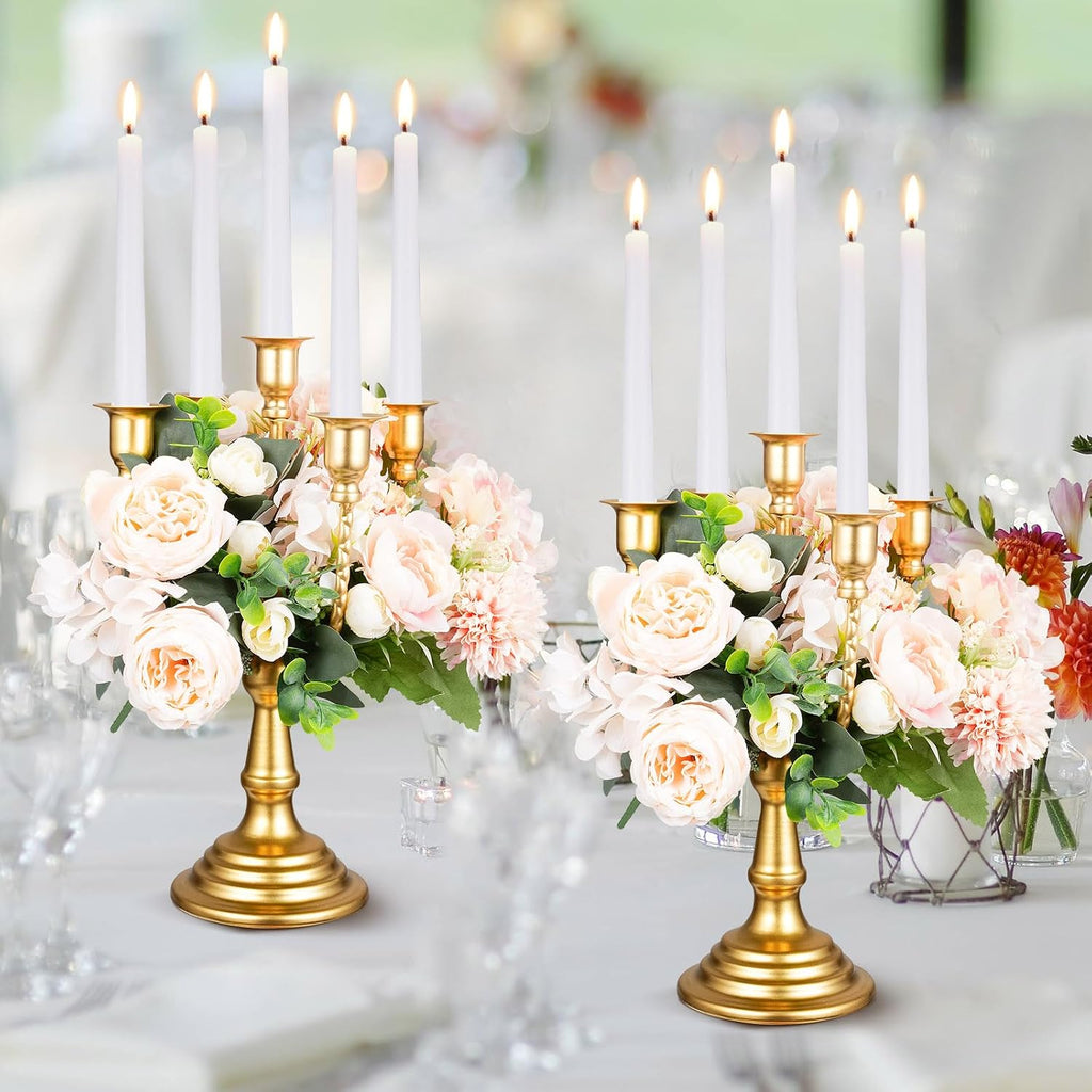 Set of 4 Gold Candelabra Candle Holders - 5 Arm 11.6" Tall Wedding Candlestick Holder, Metal Candle Stands, Gold