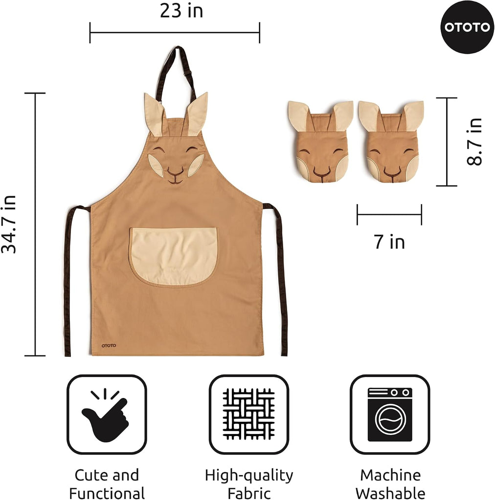 Aproo Kitchen Set - Oven Mitts and Chef Apron with Pockets, Cute Cooking Accessories, Funny Kitchen Gift, Kangaroo