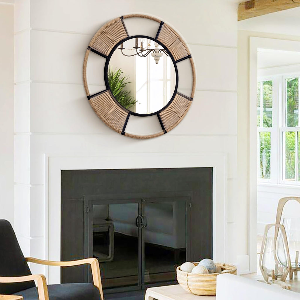 Hand‐Woven Jute Rope Round Wall Mirror, 30''Modern Boho Mirror Decor
