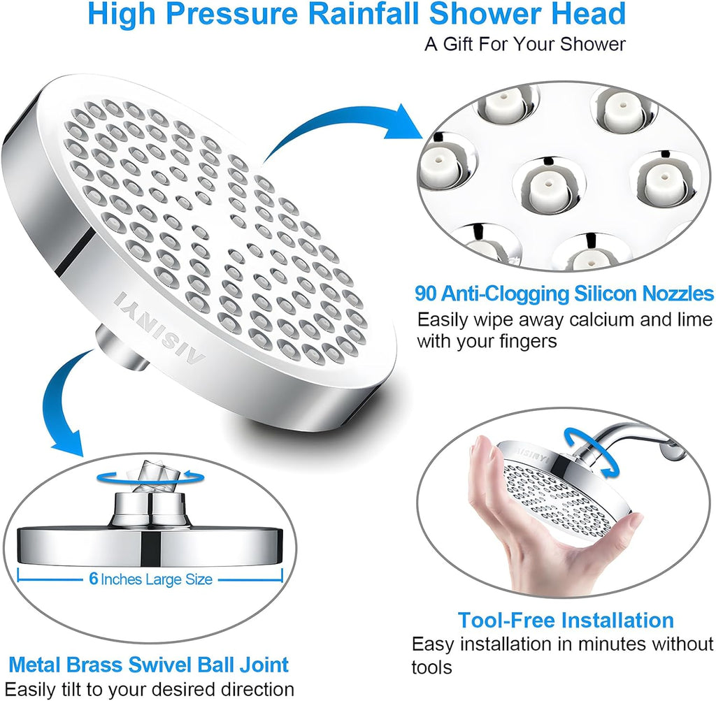 High Pressure Rainfall Shower Head, 6 Inches Luxury Modern Showerhead with Perfect Adjustable Replacement