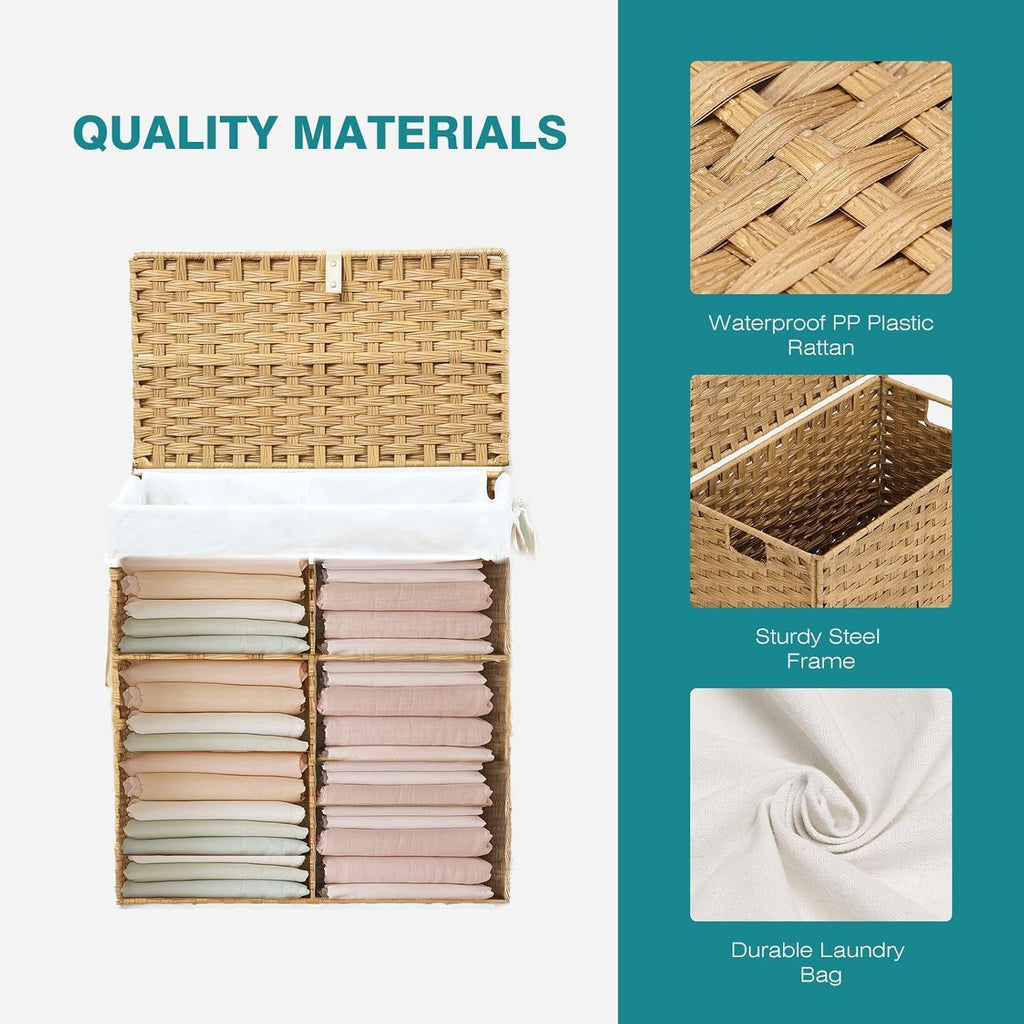 Laundry Hamper with Lid, 90 L Rattan Clothes Laundry Basket with Lid and Handles, Foldable Clothes Hamper, Removable