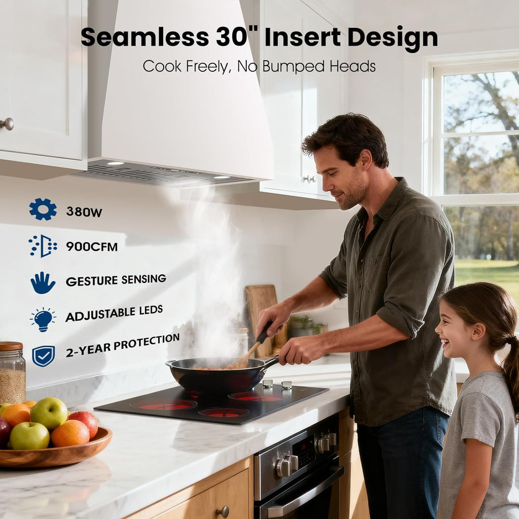 30 Inch Copper Range Hood Insert 900 CFM Tunable LED Lighting Convertible Ducted/Ductless Full Copper Motor