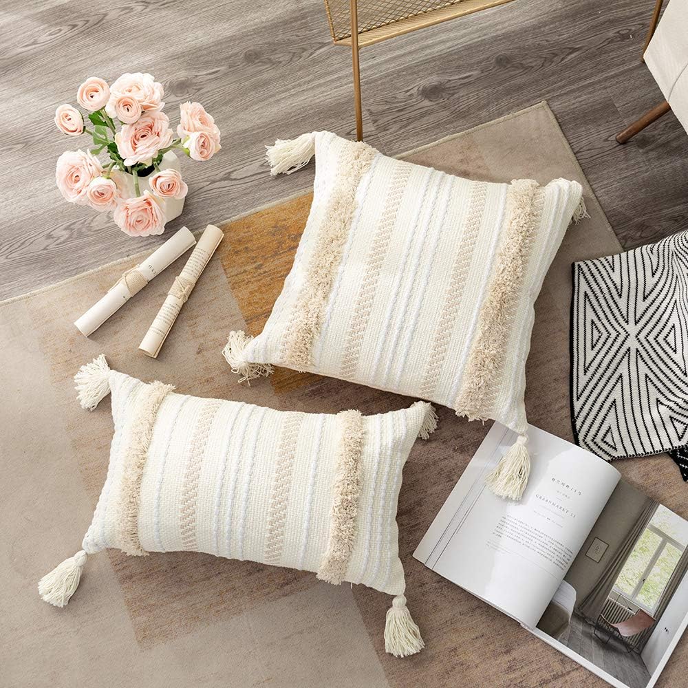 Lumbar Decorative Boho Throw Pillow Cover, 12 x 20 Farmhouse Cute Pillowcase Minimalist Neutral Collection Cream