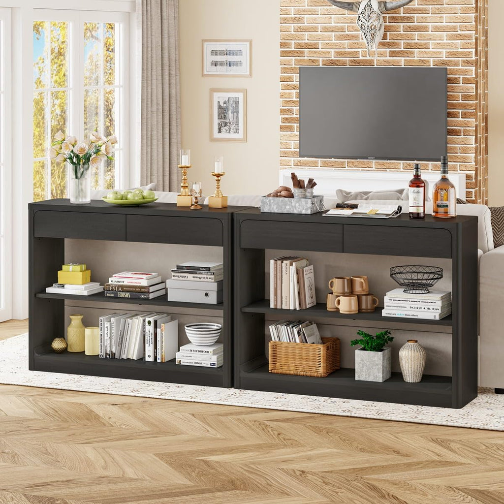 Console Table with 2 Drawers, 43.3 Inch Farmhouse Narrow Entryway Table with Storage Shelves, Rustic Sofa Tables