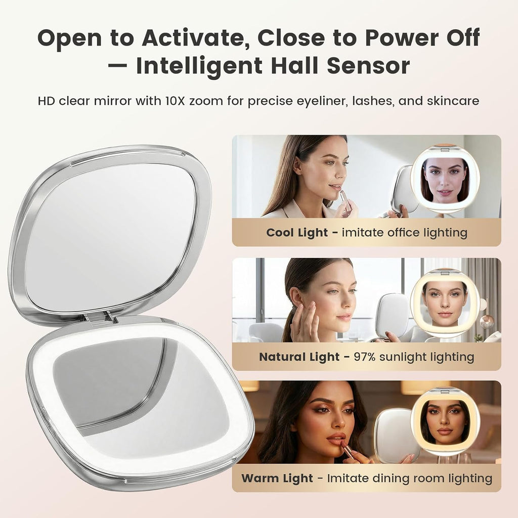 1X 10X Magnifying Compact Makeup Mirror, 3 Color Dimmable LED Lighted Travel Mirror, Double Sided 4"