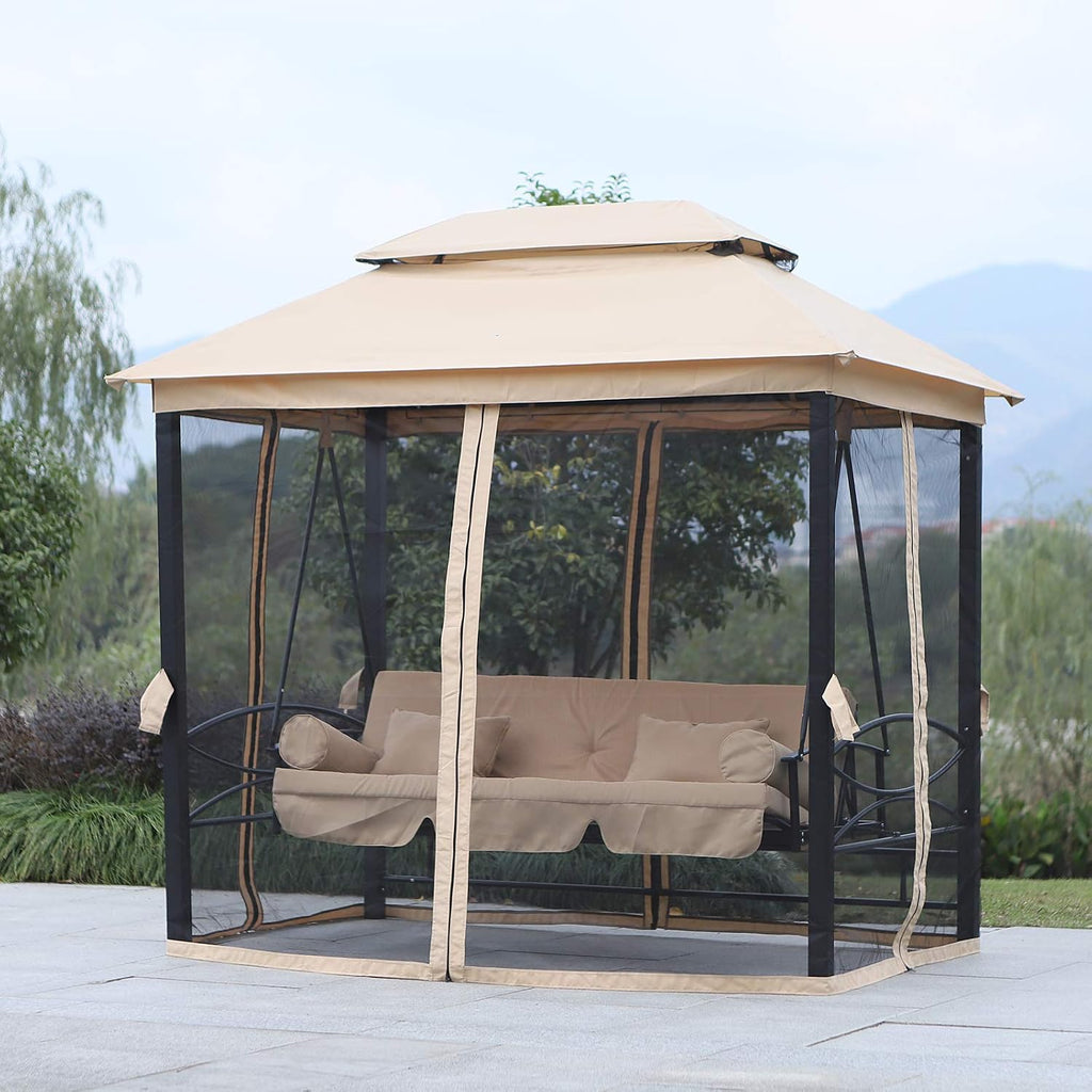 3-Seat Patio Swing Chair, Outdoor Gazebo Swing with Double Tier Canopy, Mesh Sidewalls, Cushioned Seat and Pillows