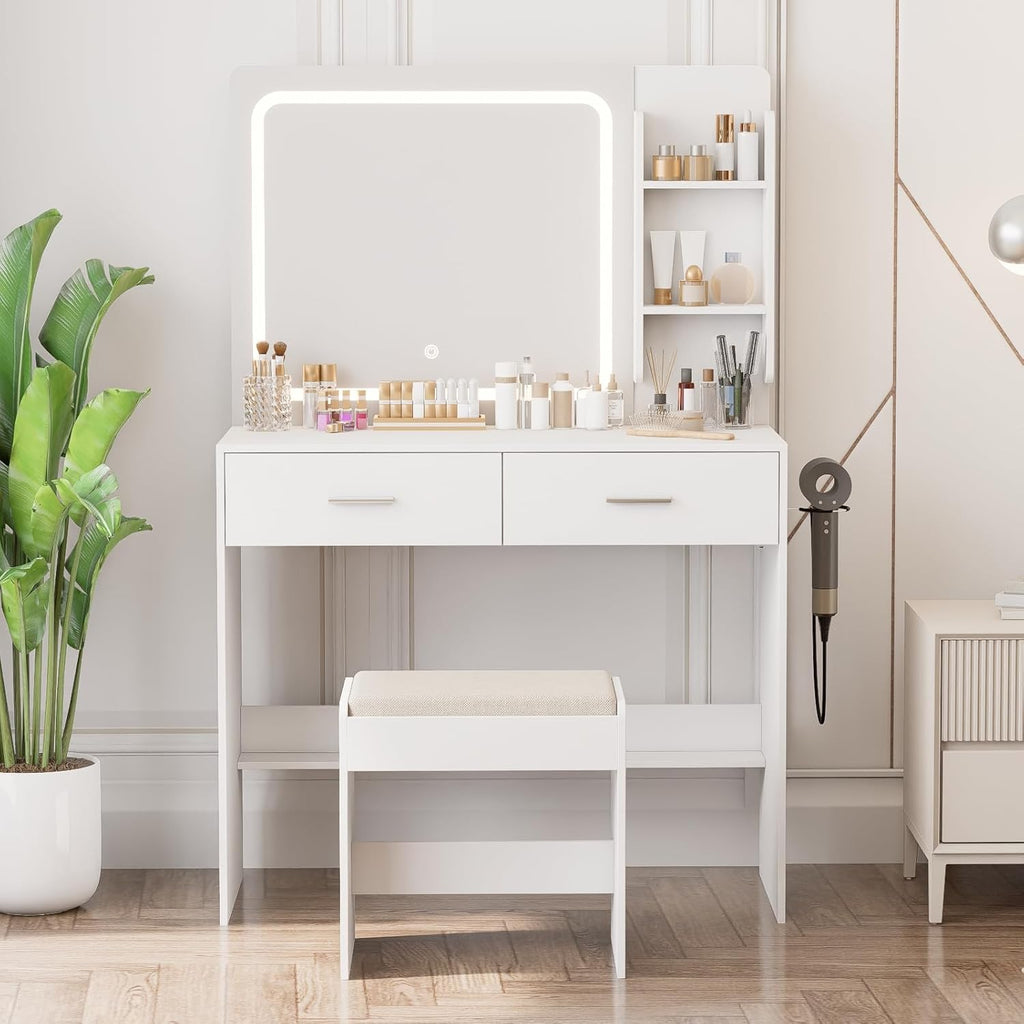 Makeup Vanity Desk with Lighted Mirror and Charging Station, White Vanity Table Set with Stool, 2 Drawers, 2 Shelves