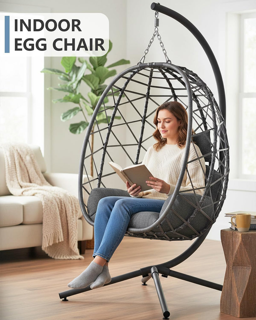 Hanging Egg Chair with Stand, Outdoor Indoor Rattan Wicker Egg Swing Chair with Cushion, Heavy Duty Patio Hammock