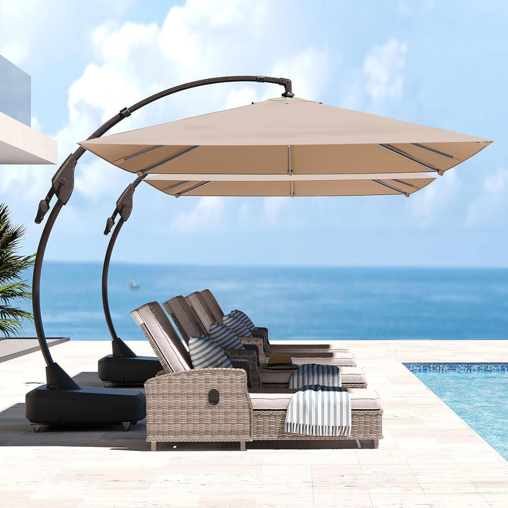 10x13 FT Outdoor Cantilever Umbrella with Base Large Aluminum Rectangle Offset Umbrella for Pool Garden (Champagne