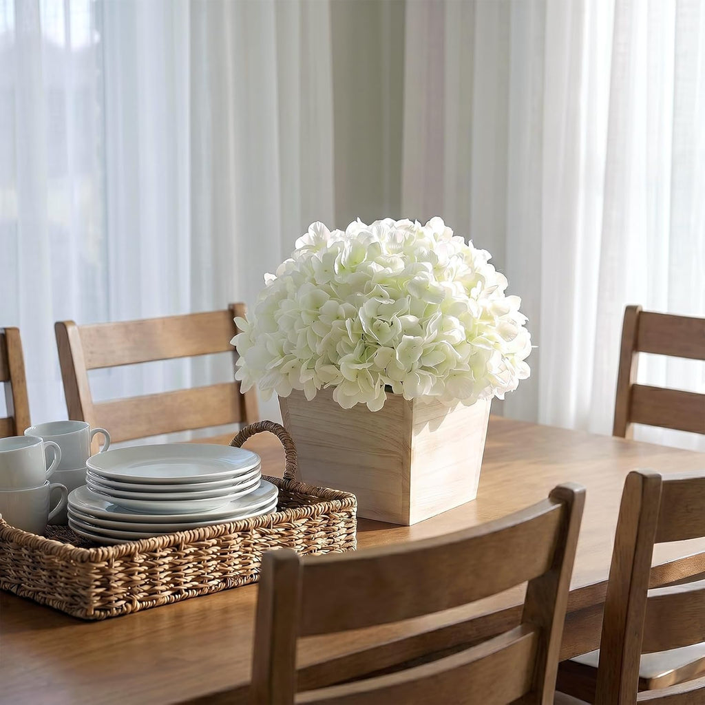 10" Artificial Hydrangea Flower in Planter for Table Centerpiece(White) | No Assembly Needed, Silk Faux Flowers in