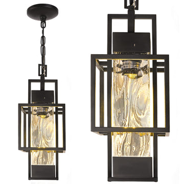 15" Outdoor Indoor Pendant Light Exterior Hanging Lantern, Modern Black Metal Outside Chandelier Light Fixture