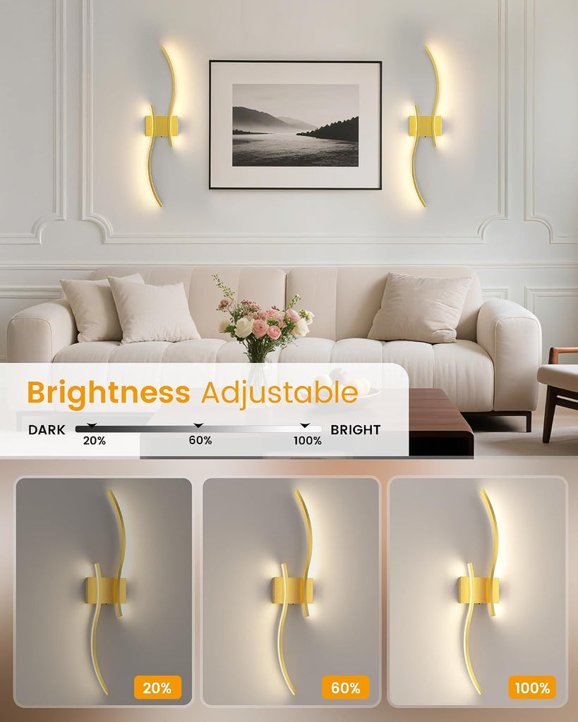 27.6 Inch Battery Operated Wall Sconce Set of 2, Gold Modern Rechargeable Wall Lights with Remote, 3CCT Dimmable