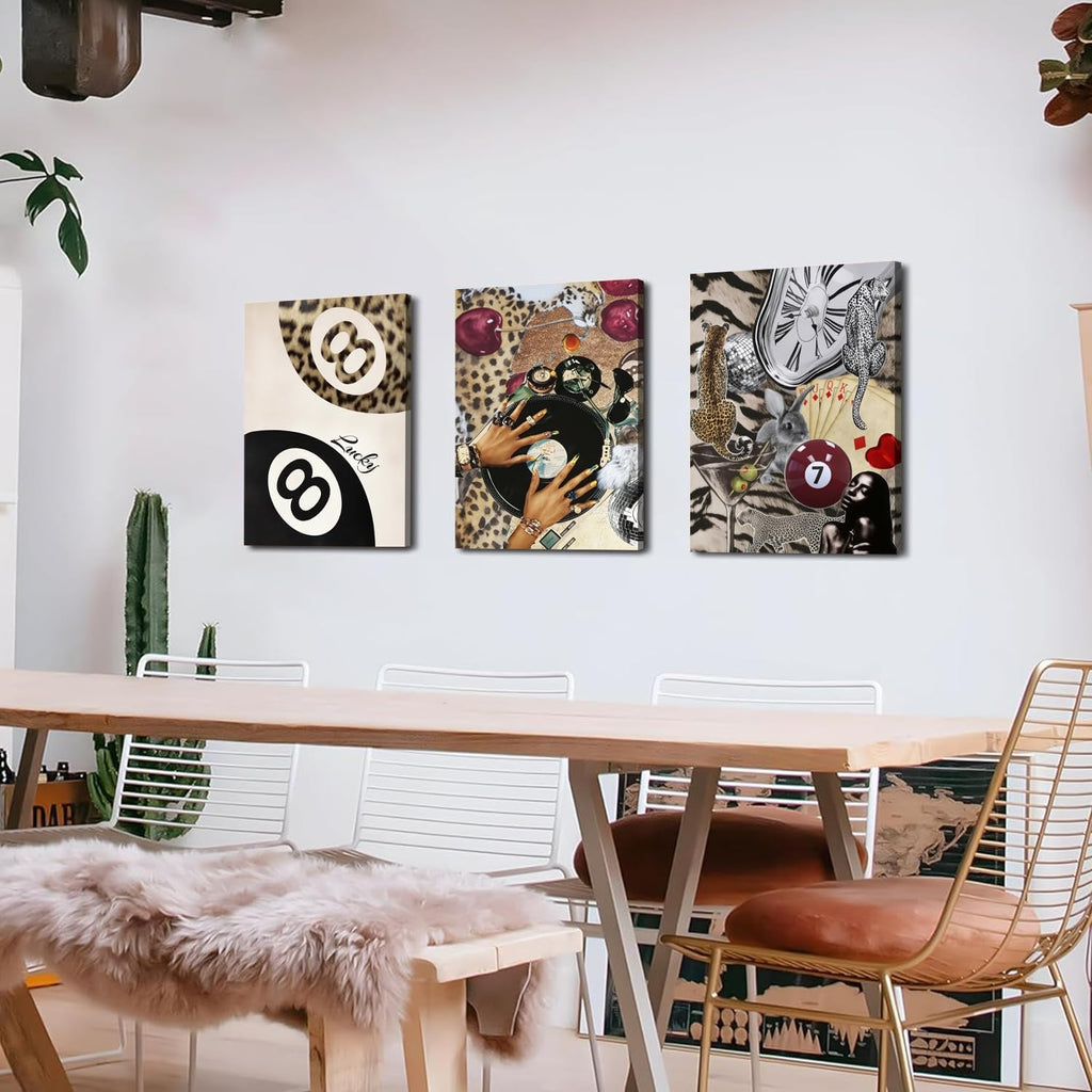 Fashion Cheetah Wall Art Set of 3 Leopard Wall Decor Pictures Lucky 8 Ball Poster Canvas Painting Prints Dark Red