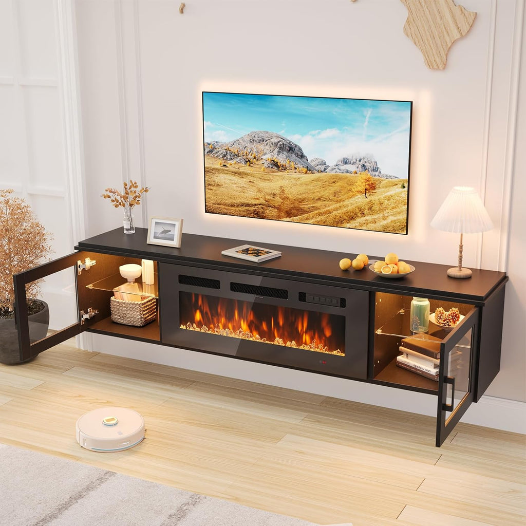 70 Inch Floating Fireplace TV Stand with 36 Inch Electric Fireplace, Wall Mounted Entertainment Center with Storage for TVs up to 80 Inches, Black