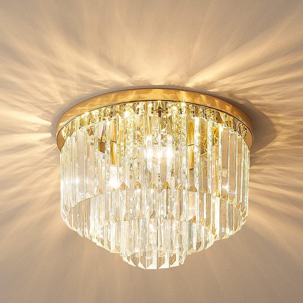 Modern French Gold Crystal Chandelier Ceiling Light,16" Semi Flush Mount 5-Lights 3-Tier Crystal Round Chandelier
