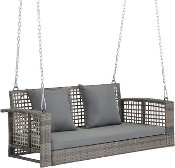 4FT Rattan Swing Bench, Outdoor Wicker Hanging Porch Swing (Grey) | 2 Person Patio Bench Swings, Adult Swing for