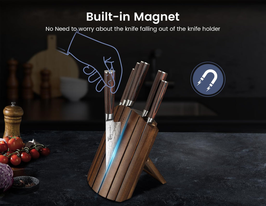 2026 Upgrade Knife Set 7 Piece Japanese Style Kitchen Knife Set With Foldable Magnetic Acacia Wood Block Sharp High