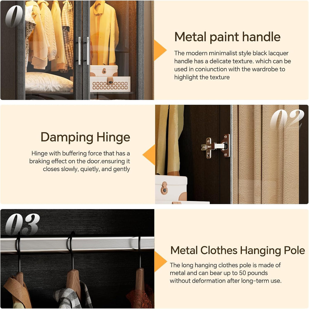 Armoire Wardrobe Closet with Glass Door and Drawers, Bedroom Closet Wardrobe Cabinet with Hanging Rod, Lighted