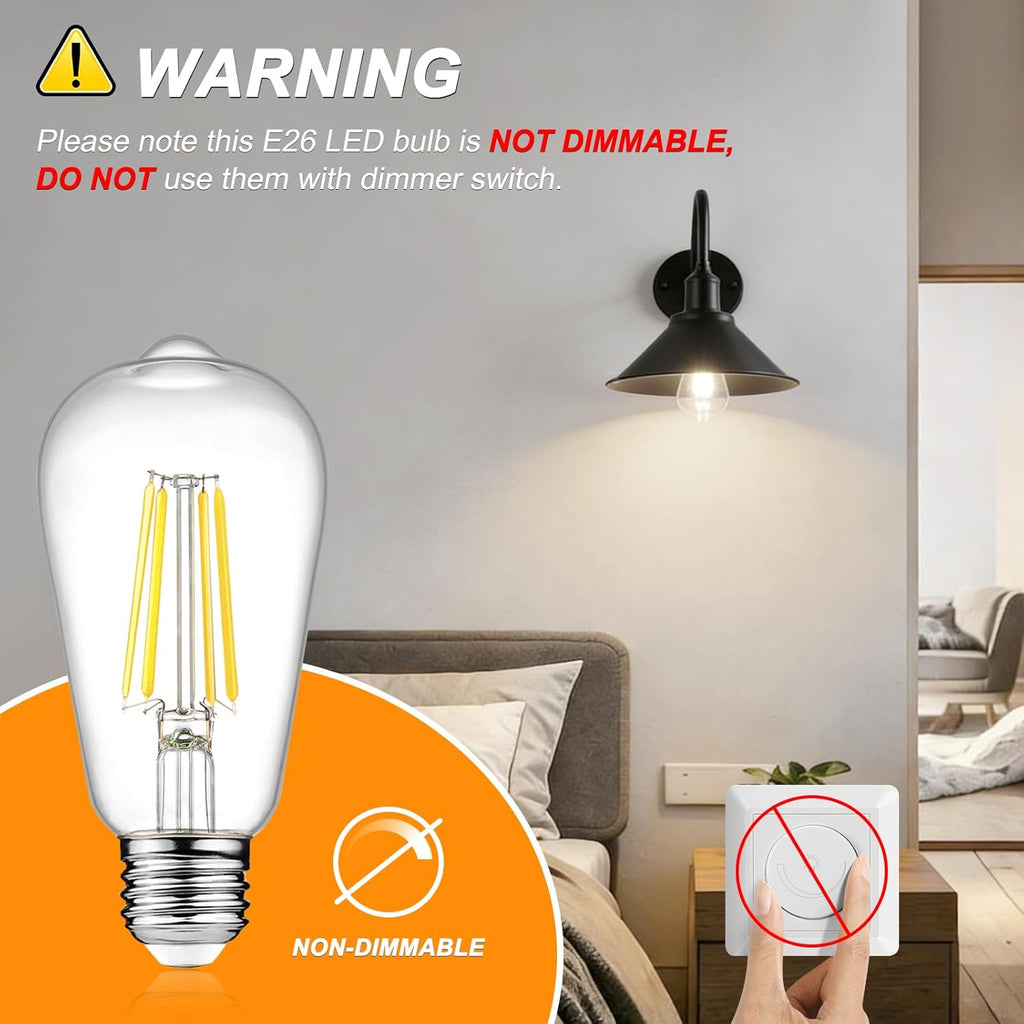 Vintage LED Edison Bulbs, 6W, Equivalent 60W, Non-Dimmable, High Brightness Cool White 4000K, ST58 Antique LED