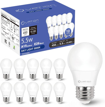 A15 LED Refrigerator Light Bulbs, 40W Appliance Bulb, Daylight 5000K, 10 PK