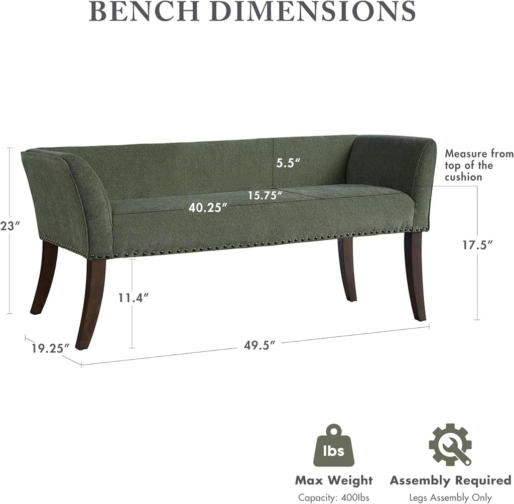 Accent Bench, Plush Upholstered, Nailhead Trim, & Padded Seat Entryway Bench Small, End of Bed Bench with Back, 49.5"