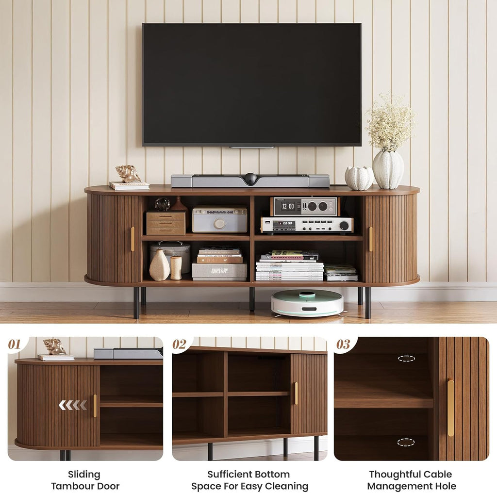 55" Mid-Century Modern TV Stand with Power Outlet, Entertainment Center for TVs up to 60", TV Stand Cabinet with Storage for Living Room, Kitchen/Entryway,Adjustable Shelves,Easy Assembly (Walnut)