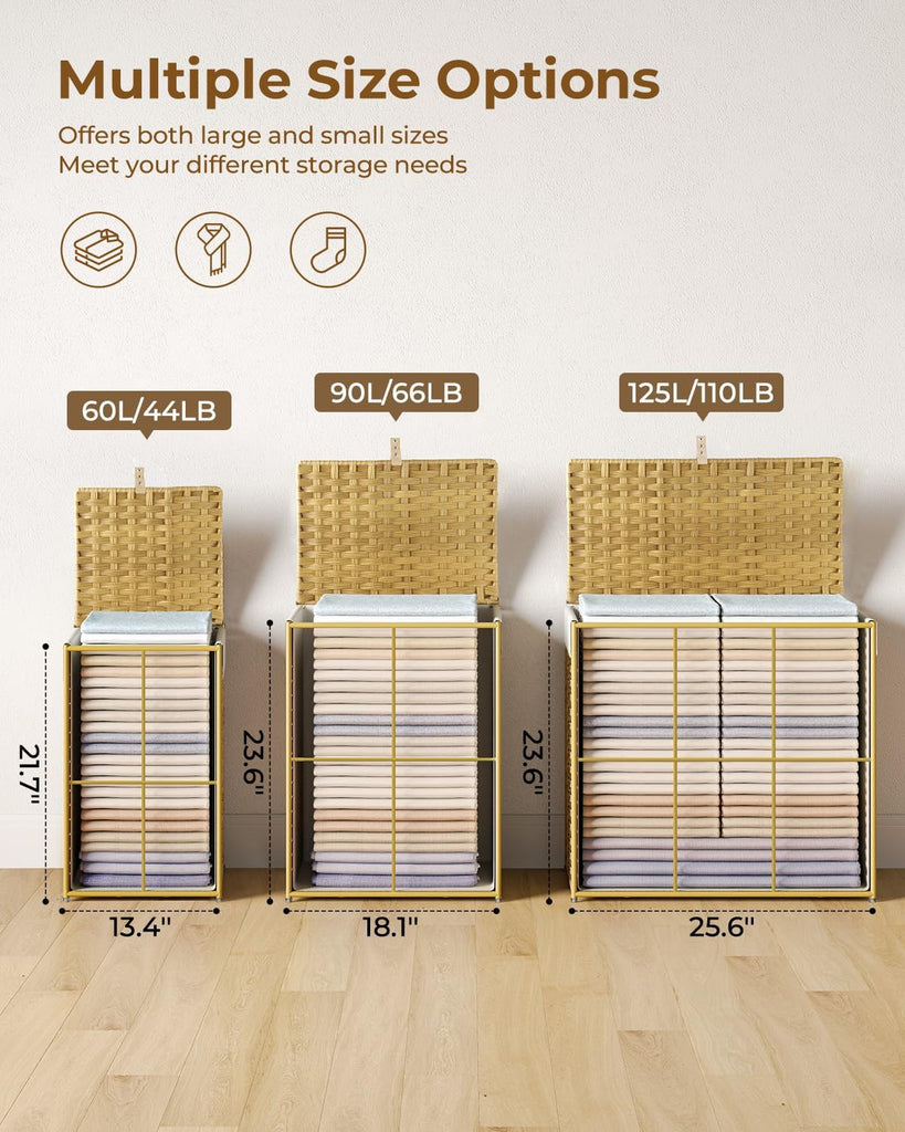 Laundry Hamper with Lid, 60L Clothes Hamper with 2 Removable Liner Bags & 2 Mesh Laundry Bags, Handwoven Synthetic