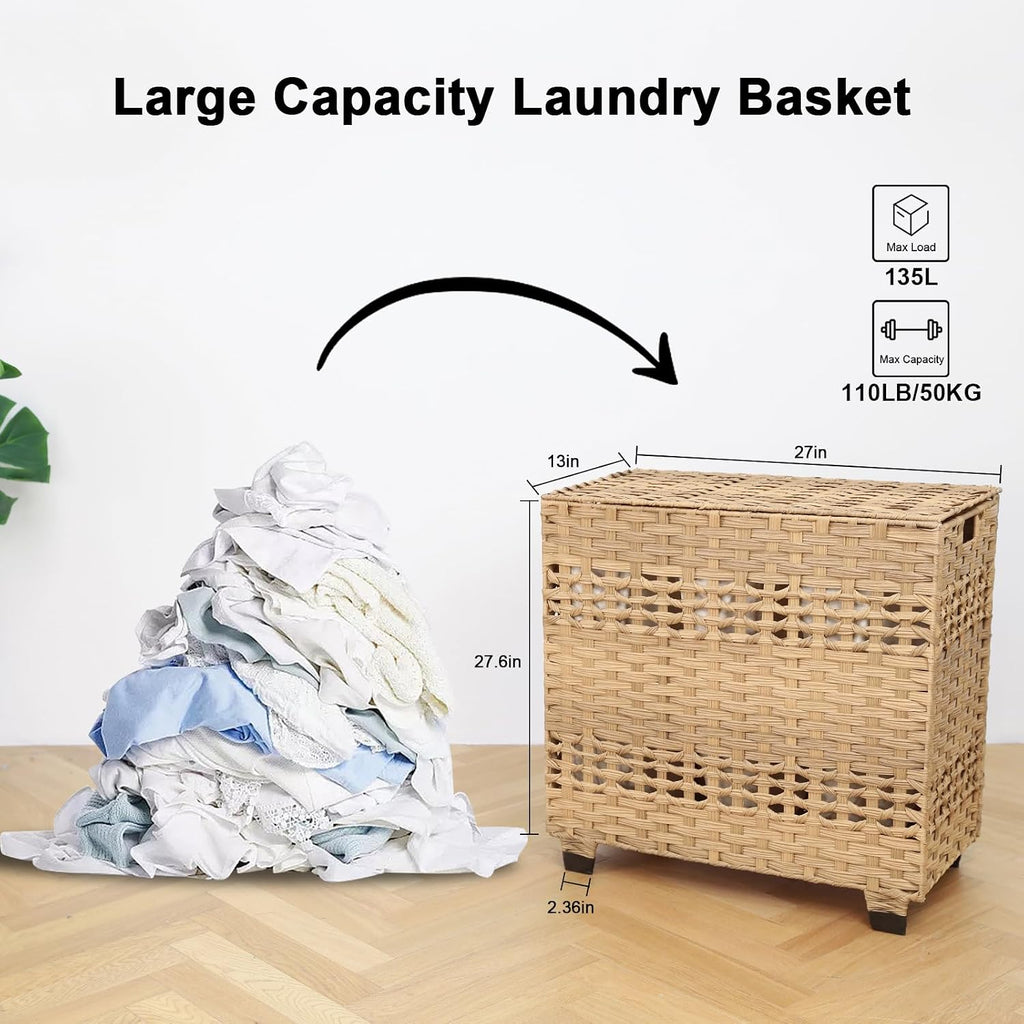 Laundry Hamper with Lid, 140L Clothes Hamper with 3 Removable Liner Bags, Foldable Basket with Lid, Synthetic Wicker
