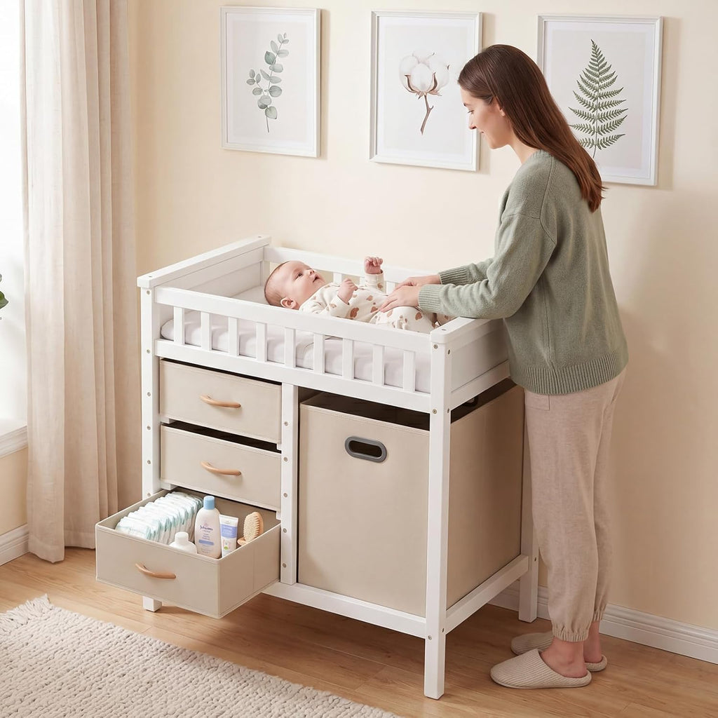 Wooden Baby Changing Table with Comfy Changing Pad, 3 Fabric Drawers, Laundry Hamper, Safety Belt, Diaper Station