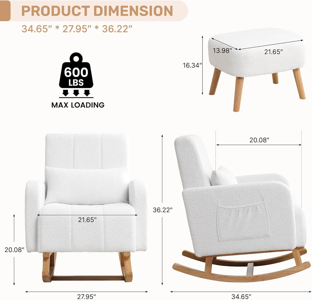 Rocking Chair with Ottoman, Upholstered Glider Rocker with High Backrest and Side Pocket, Comfy Reading Chair with