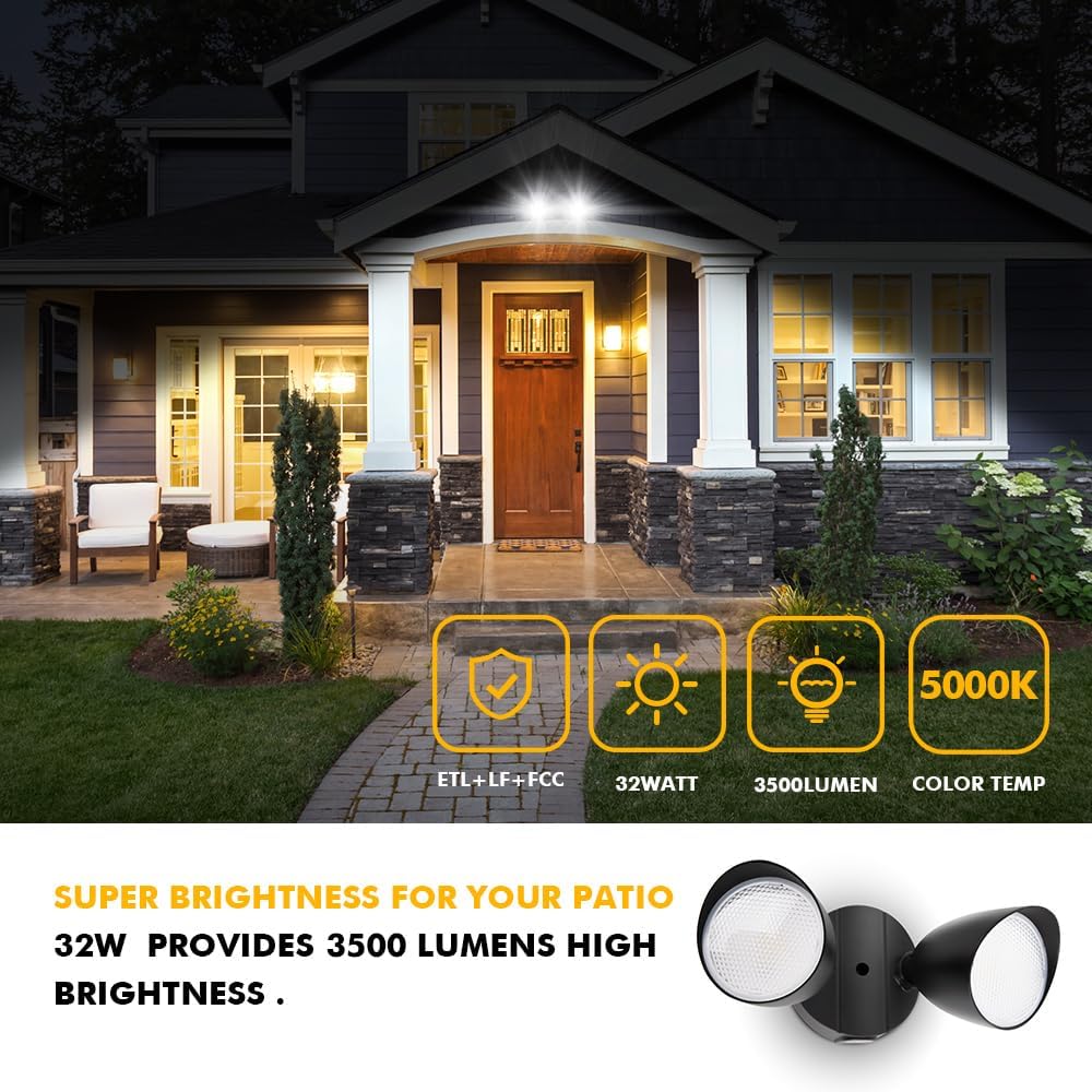 6222B-D2D 3500 Lumen 32 Watt Dusk to Dawn Dual-Head Flood Light Outdoor Waterproof Exterior Security Floodlight