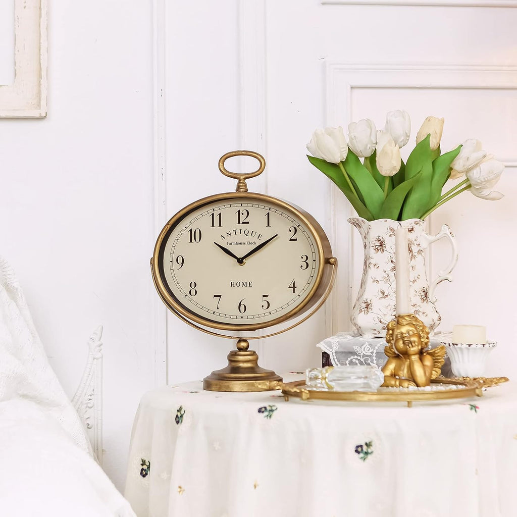 HOME Antique Table Clock, Gold Retro Desk Clock with Silent-Non-Ticking Battery Operated Rustic Desk Clock for