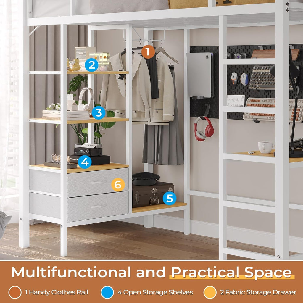 Loft Bed Twin with Desk and Charging Station Metal Loft Bed with Led Lights,Storage Shelves and Drawers Twin Bed with