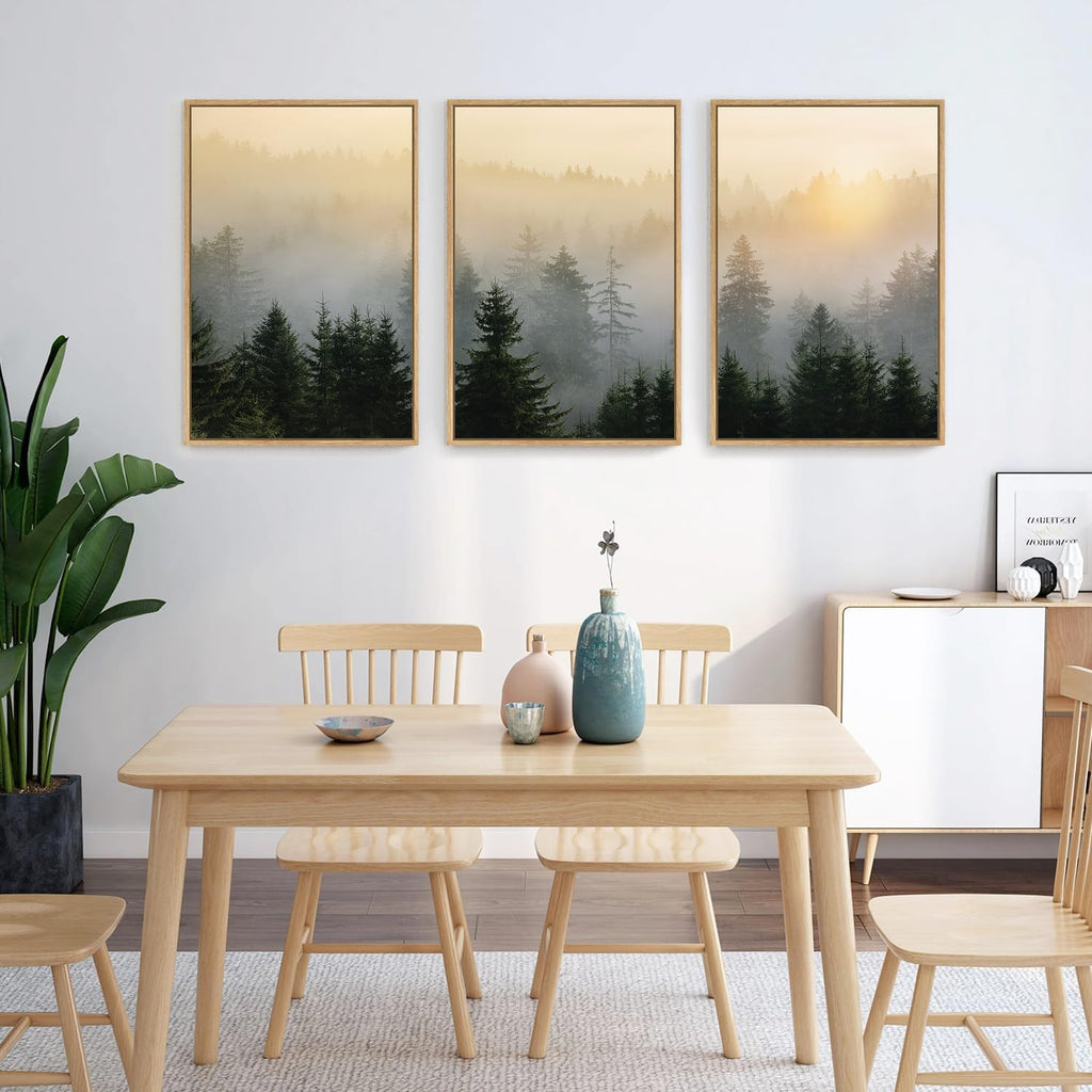 Misty Forest Wall Art Canvas Set, Framed Mountain Wall Decor, 3 Piece Nature Wall Painting, Foggy Pine Tree Landscape