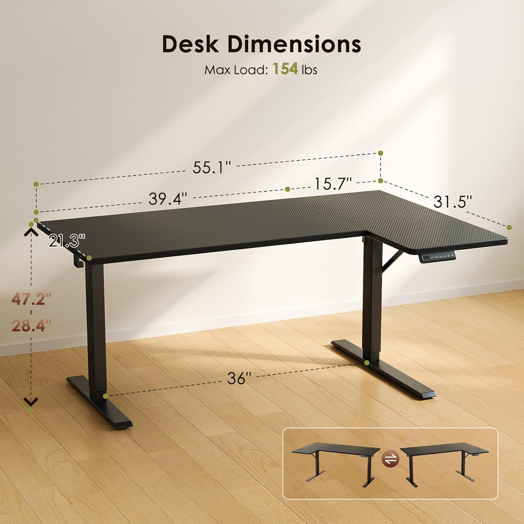 55" Reversible L Shaped Electric Standing Desk, Carbon Fiber Black