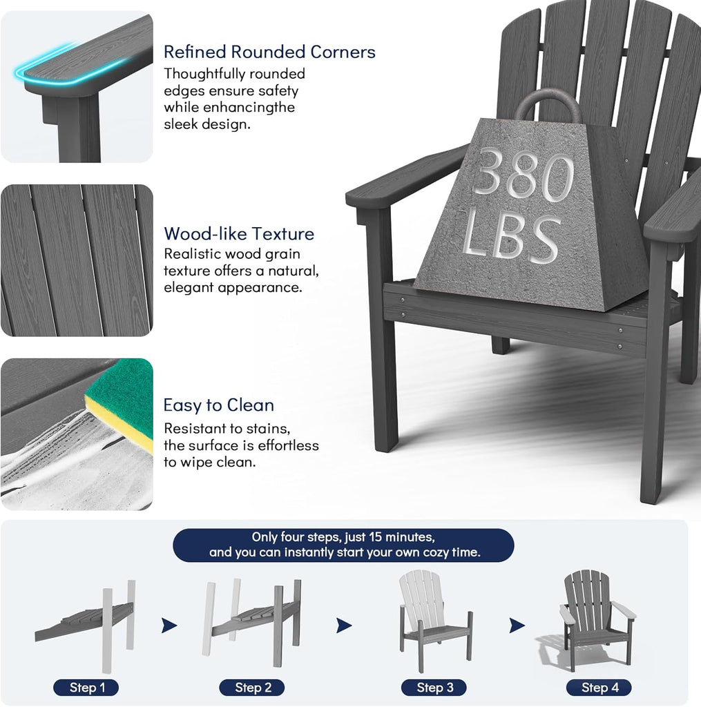 Stackable Adirondack Chairs,Compact All Weather HDPE,Grey | 26.3" Wide HDPE,380lb,All-Weather