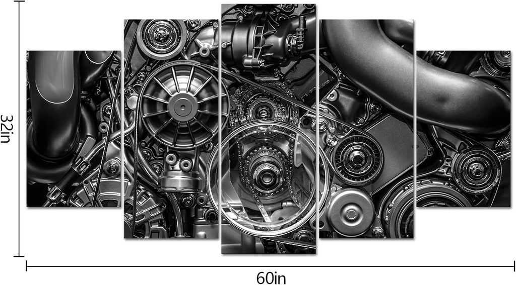 5 Piece Canvas Prints Engine Engineering Closeup Gear And Chain Black And White Photos Wall Art Modern Home Decor