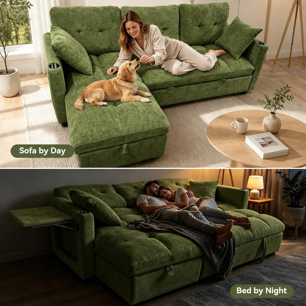 82" Sleeper Sectional Sofa, Comfy Convertible Sofa Bed with Pull Out Couches, Chenille L Shaped Couch with Reversible