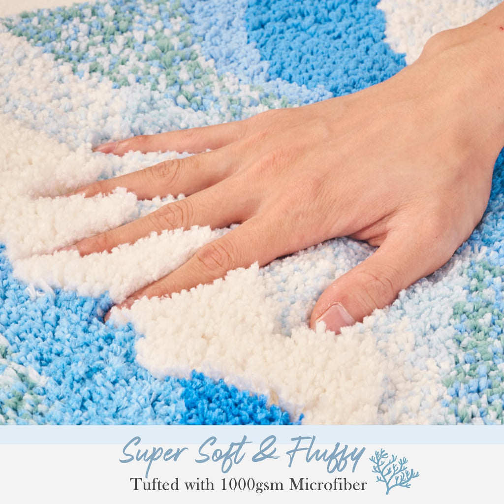 Blue Ocean Wave Bath Mat, Cute Funky Bathroom Rugs for Coastal Beach Nautical Themed Decor, Non-Slip Washable Accent