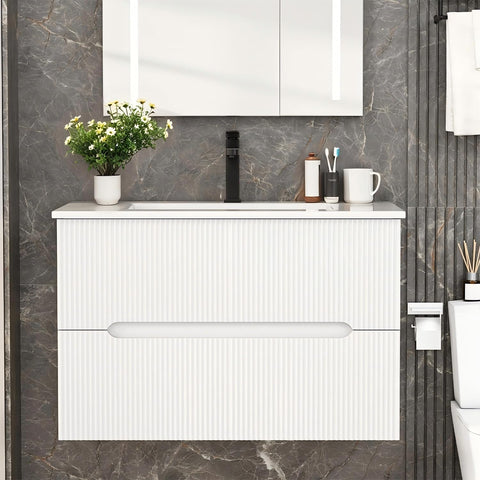 30" Floating Bathroom Vanity with Ceramic Sink - Wall Mounted Vanity Cabinet