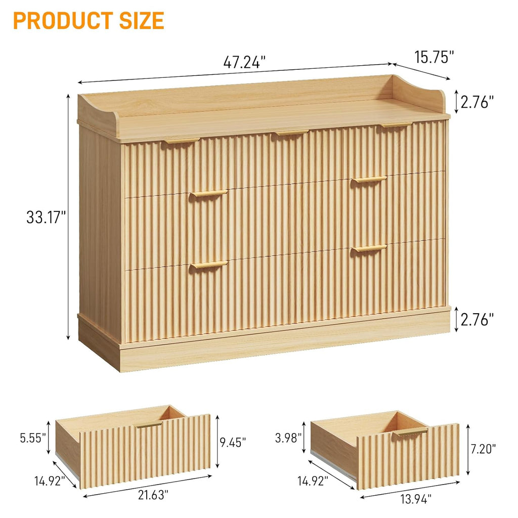 Nursery Dresser, 7 Drawer Wood Baby Dresser, Fluted Chest with Gold Handles, Safe & Spacious Storage Organizer for