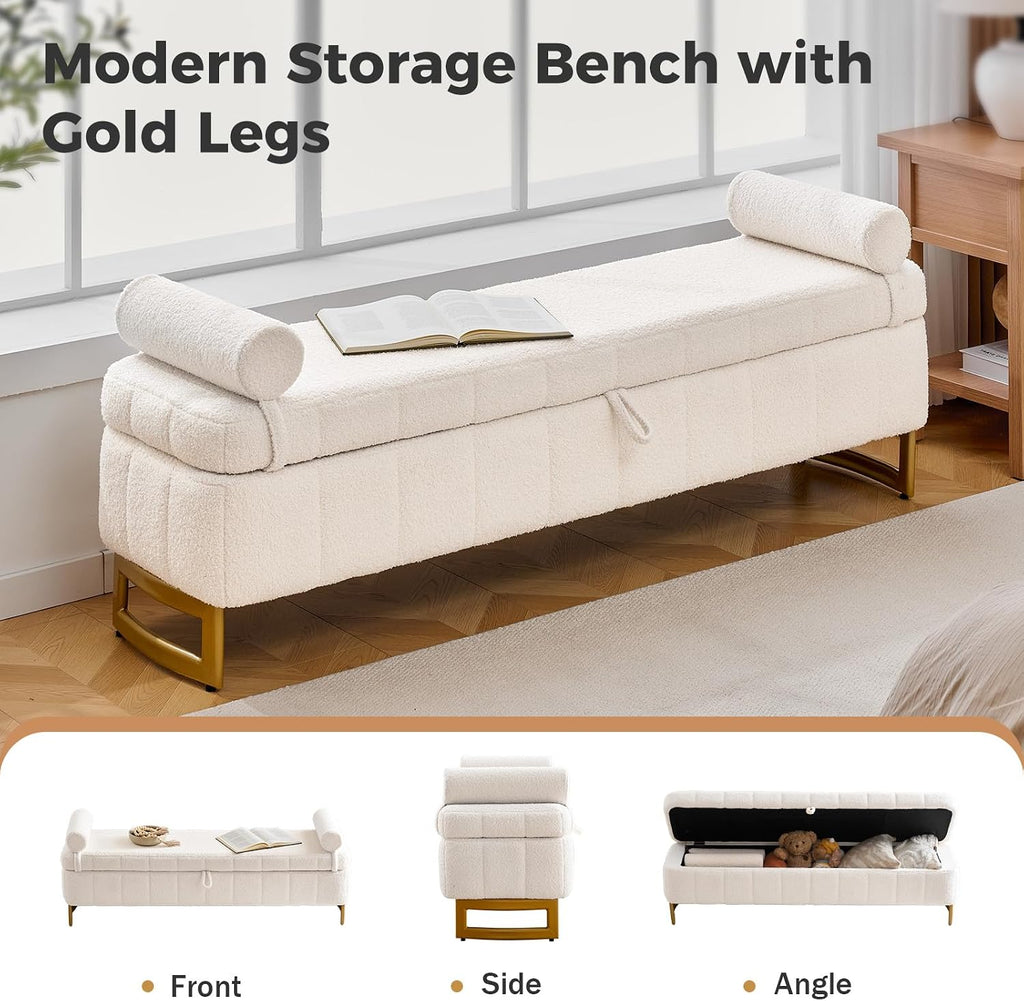 Storage Bench ,63" End of Bed Bench Foot of Bed King Cream White | Upholstered Storage Benches for Foot of Bed Modern