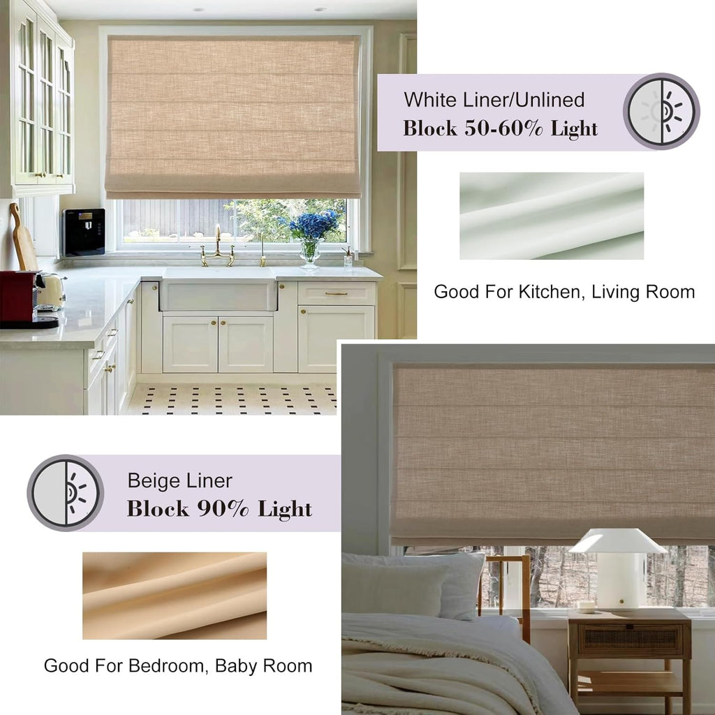 Cordless Linen Roman Shades for Windows, Washable Lined Fabric Roman Window Shades, Custom Blackout Light Filtering