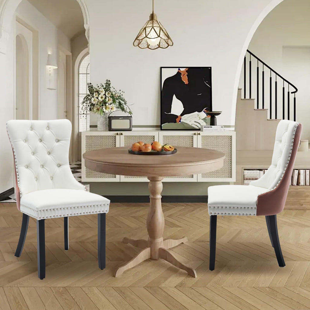 Leather Upholstered Dining Chairs Set of 4, Modern Style Kitchen Side Chairs with Nailhead Trim and Wood Leg, Metal